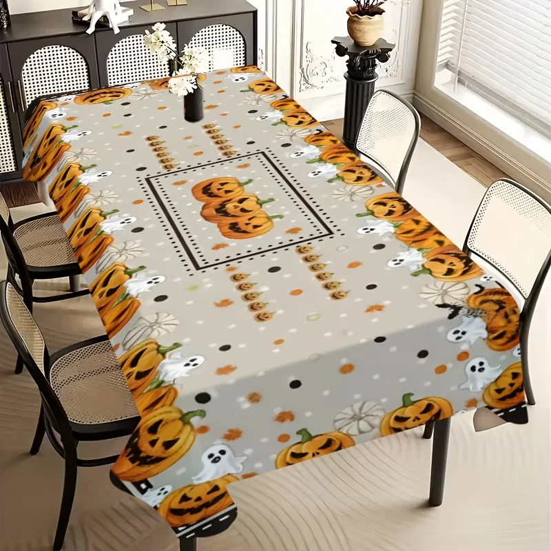 1PCS 2D printed pumpkin grimace and ghost embellished Halloween-themed tablecloth, main dining table