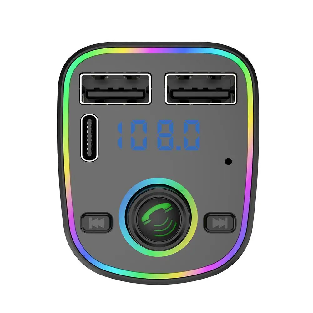 Car Bluetooth 5.0 FM Transmitter PD Type-C Dual USB 3.1A Fast Charger Colorful Ambient Light Handsfree MP3 Modulator Player