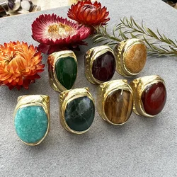Natural Gemstone Vintage Rings for Women, Retro Meditation Healing Crystal Wide Band Ring, Boho Jewelry Gift