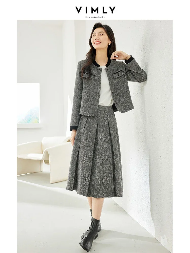 Vimly Elegant Tweed Suit Two Piece Sets for Women 2023 Winter Women's Outfits Cropped Jackets Elastic Waist Pleated Skirts M3539