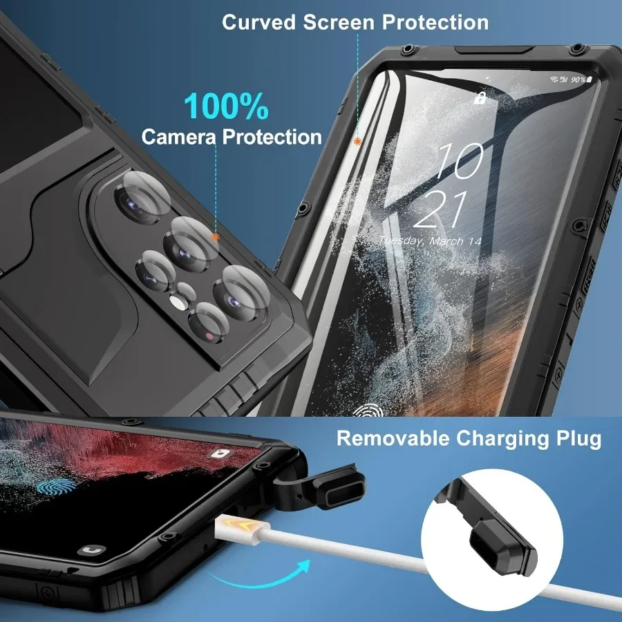 IP68 Waterproof Underwater Diving Metal Case For Samsung S23 S22 Ultra Plus Heavy Duty Shockproof Cover Screen Protector Stand