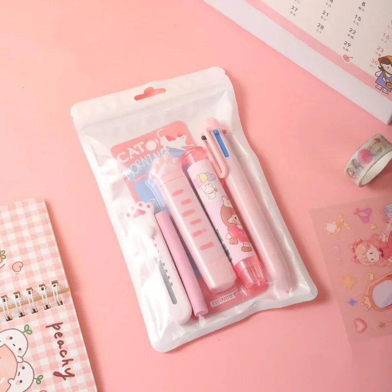 Cute Student Stationery Set Sweet Cartoon Cat Paw Correction Tape Glue Tape Eraser Gel Pen Cutter Box Set School Supplies