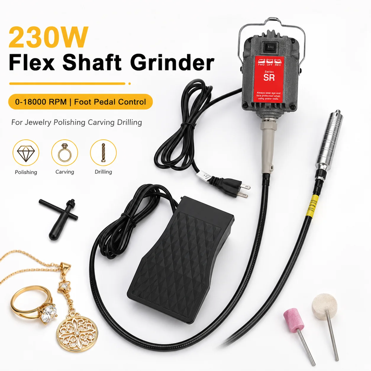 SR 230W Flex Shaft Grinder Hanging Rotary Tool Kit 018000RPM with Foot Pedal for Jewelry Polishing Carving Drilling Machine