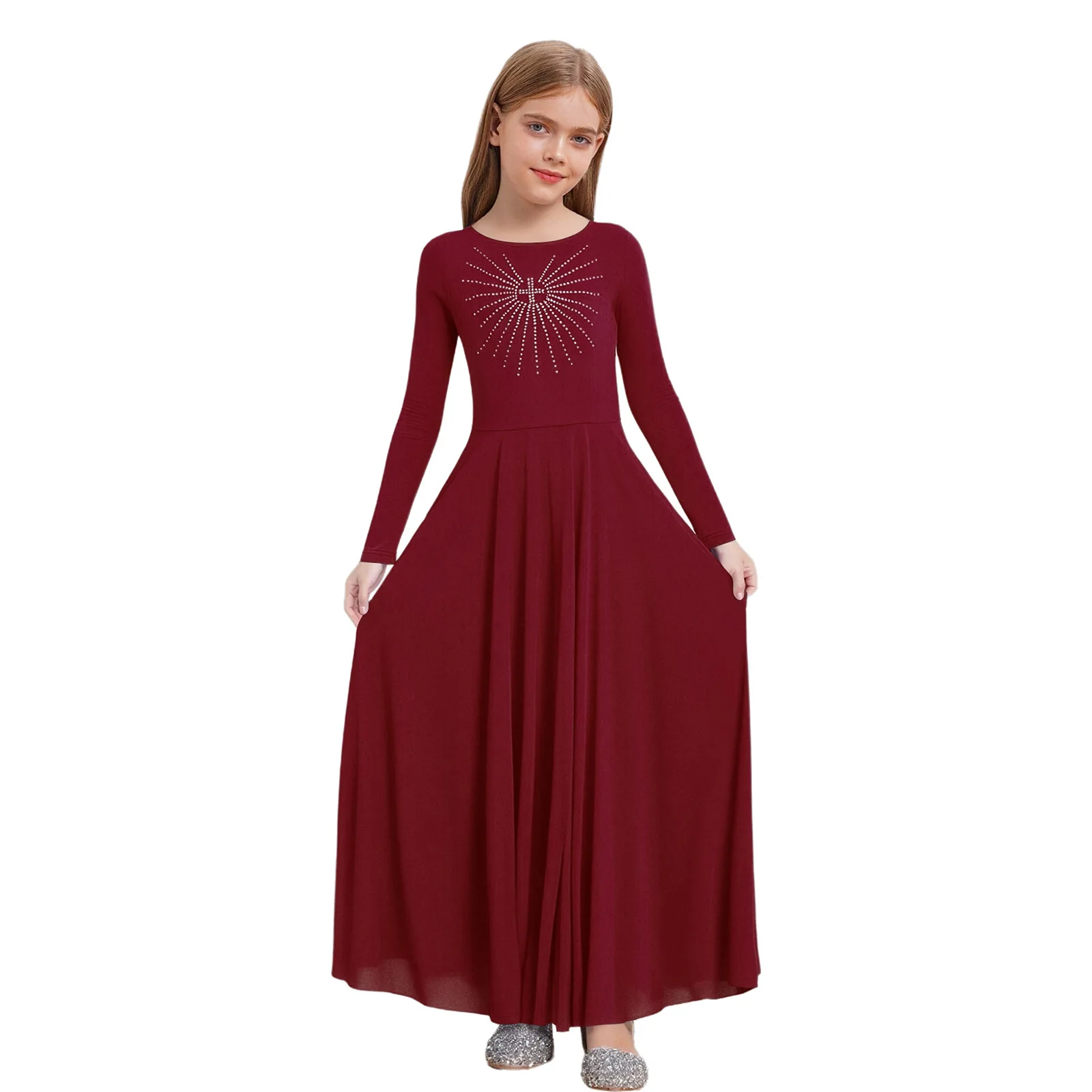 

Kids Girls Liturgical Worship Modern Dance Dress Rhinestone Long Sleeve A-line Maxi Dress for Praise Church Choir Performance
