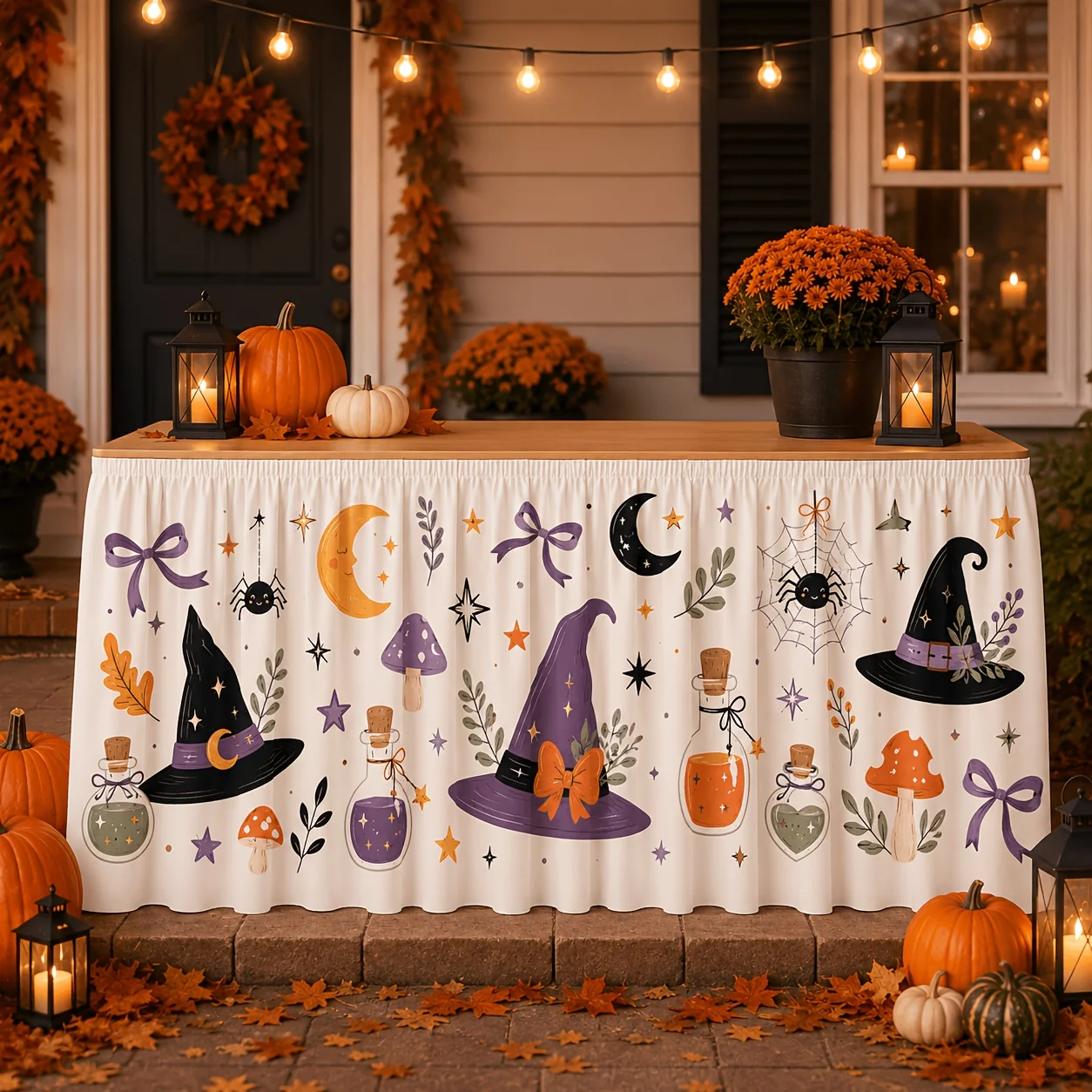 One tablecloth or table skirt, a cute and eerie Halloween table skirt, textured crayon haunted housezyc