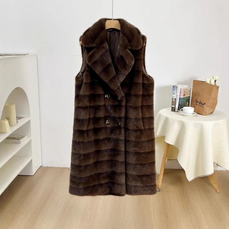 

Notched Collar Cafe Stripe Long Faux Fur Vests Faux Rabbit Furry Jackets Fluffy Casual Double-breasted Plush Coat Warm Overcoats
