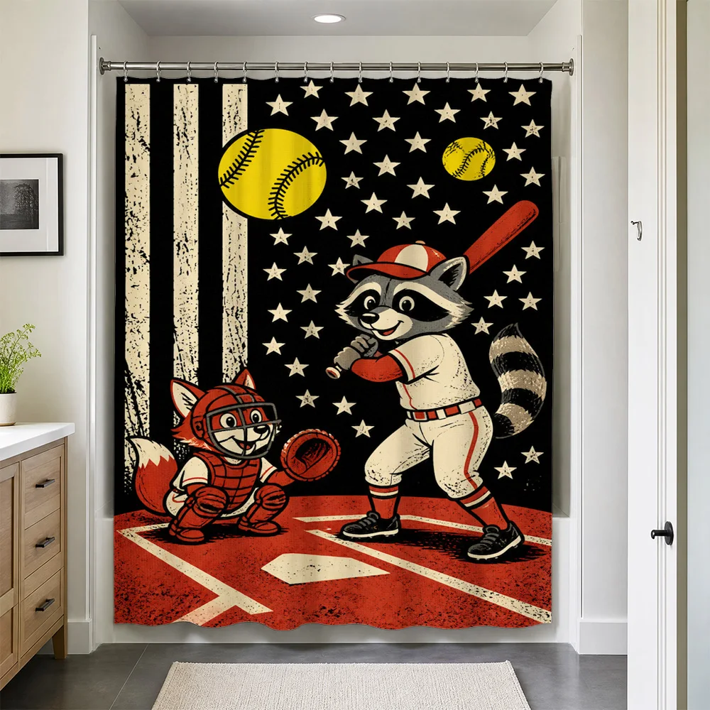 Waterproof Shower Curtain Baseball Sports Raccoon Theme Novelty Bath Decor Cute Animal Accent Curtain Liner Bathroom Home Stall