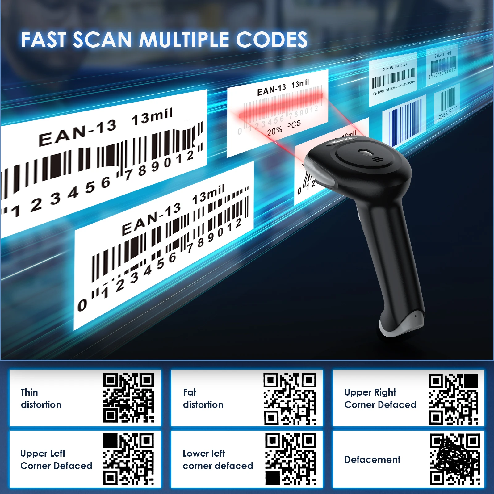 Eyoyo EY-034 2D Wireless Barcode Scanner 3-in-1 Automatic Barcode Reader Handheld CMOS Image Bar Code Reader for Inventory