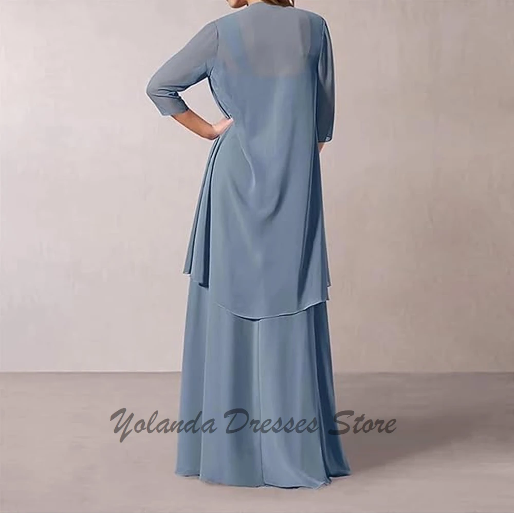 Elegant Square Neck Mother of The Bride Dresses Draped Pleated Lace Up Back Chiffon Formal Evening Gown Ankle Length 3/4 Sleeves