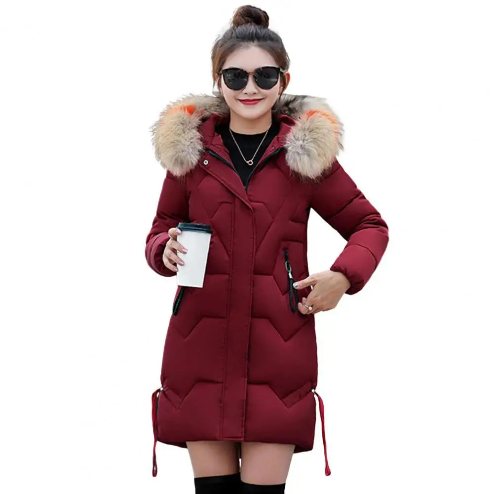 Winter Women Cotton Jacket With Furry Hood Neck Mid Length Zipper Closure Padded Coat Windproof Outwear Parka