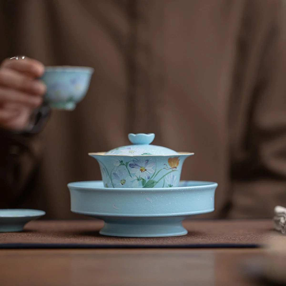 1PC Hand-painted Flower Stream Cover Bowl Teapot Master Cup Collection Kung Fu Tea Set Ceramic Set  TeaCup Tea Maker Pot Holder