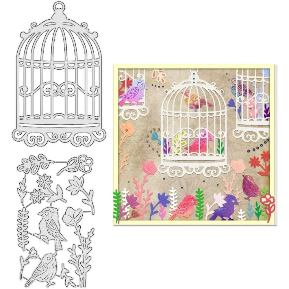 Bird Cage with Flower Carbon Steel Cutting Dies Stencils, Animal Themed Metal Cutting Dies Embossing Template for DIY Paper