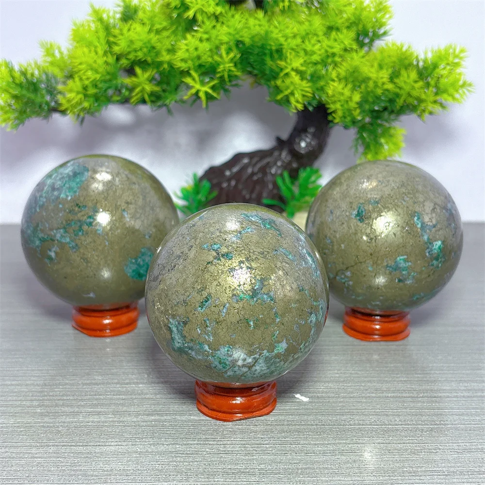 Green Japser Wiwt Bubble Pyrite Sphere Natural Crystal Lucky Quartz Stone Garden Reiki Gifts Healing Energy Love Home Decoritem