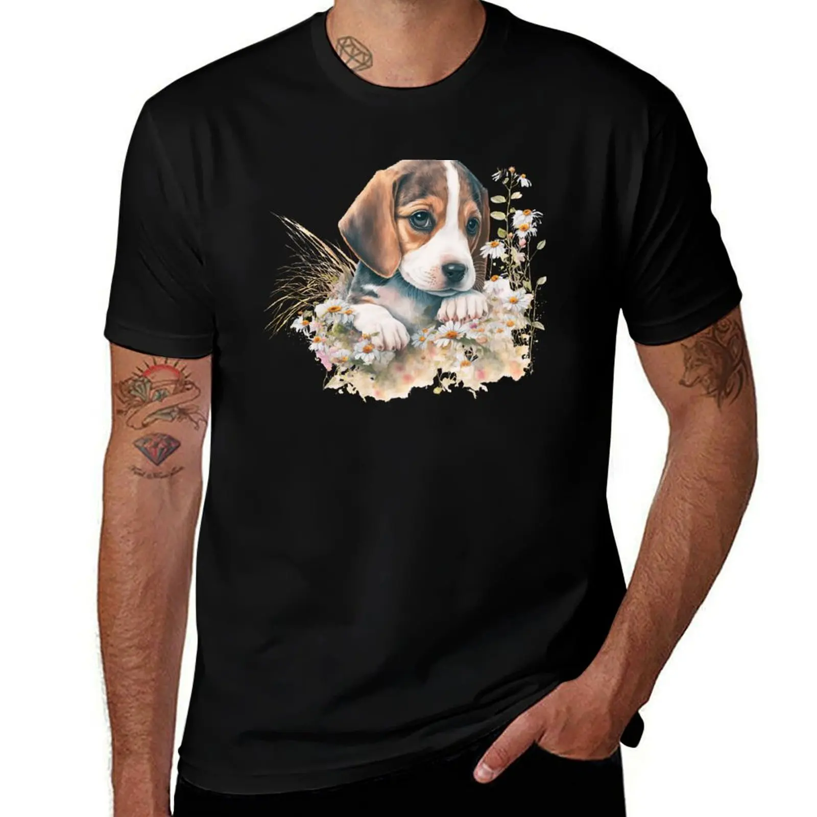 Watercolor Beagle Dog Floral Portrait T-Shirt Holiday Outdoor T-Shirt