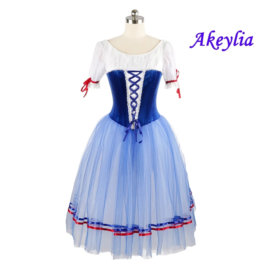 Disfraz de tutú de Ballet romántico Flame of Paris, Tutús profesionales de Giselle, vestido de Ballet largo azul y blanco para mujeres campesinas, chicas de pueblo