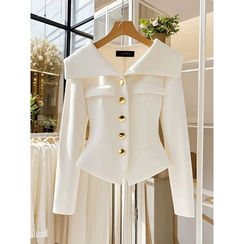 2025 Autumn Women\'s White Coat Waist Long Sleeve Slim Chic Short Outwear High-End Solid Color Top Clothing Office Jackets Ladies