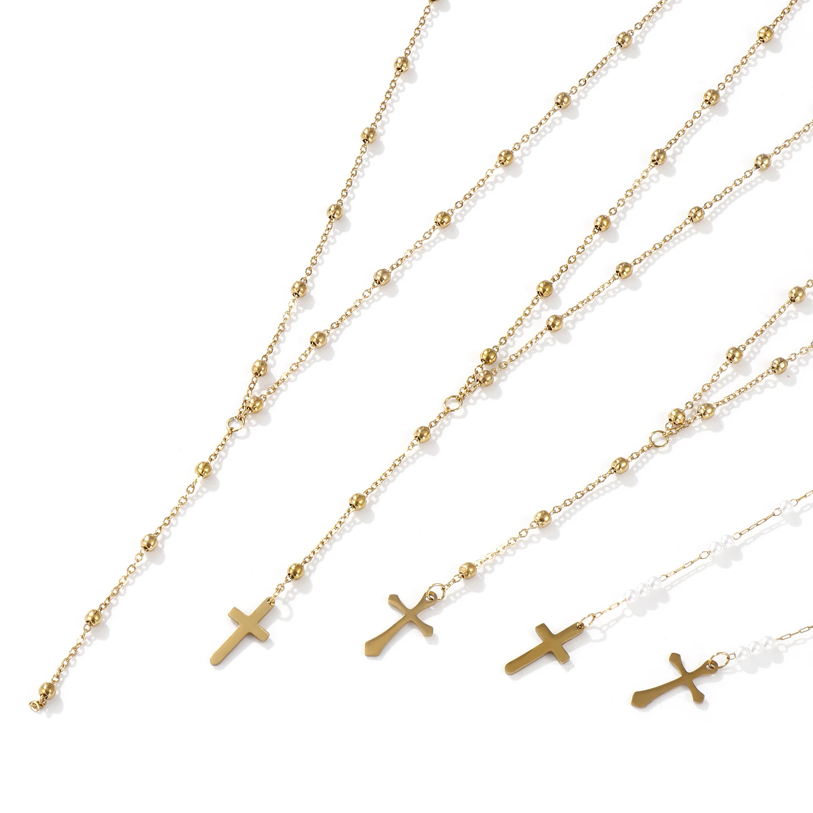 304 Stainless Steel Cross Pendant Necklace 18K Real Gold Plated Link Cable Chain Prayer Beads Rosary Y Shape Drop Necklace