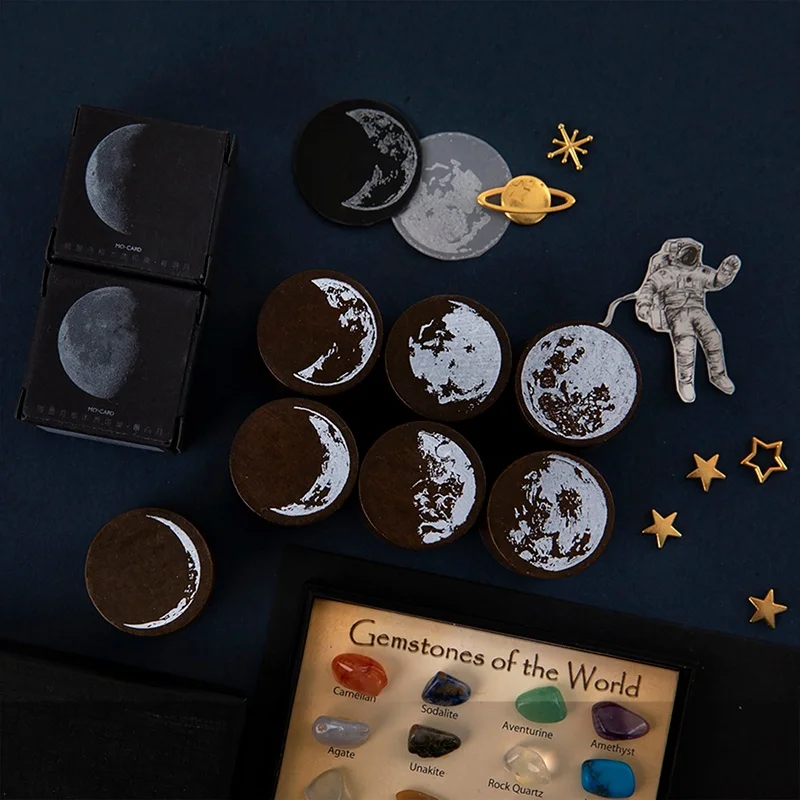 Moon Phase Series Seal Wooden Impression Circular Moon Design Diary DIY Decoration Label Seal Student Handmade Decorative Seal