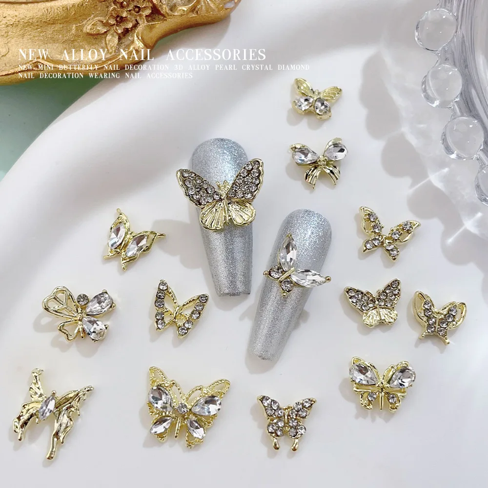 New Butterfly Nail Art Accessories, Ultra-Shiny, Light Luxury, Gold Color, Three-Dimensional Hollow Design, Diamond-Encrusted Butterfly Alloy Nail Decoration