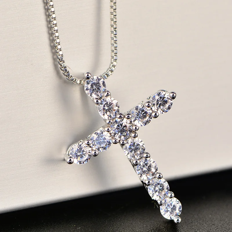 Zirconia Cross Crystal Pendant Necklace Silver Color Box Chain Female Choker Necklaces Fashion Jewelry Gifts For Women Girls