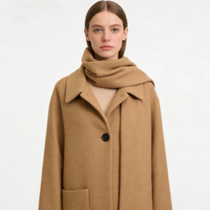 

Новая женская одежда: модный универсальный вариант с шарфом, круглым вырезом и длинными рукавами, женское пальто.