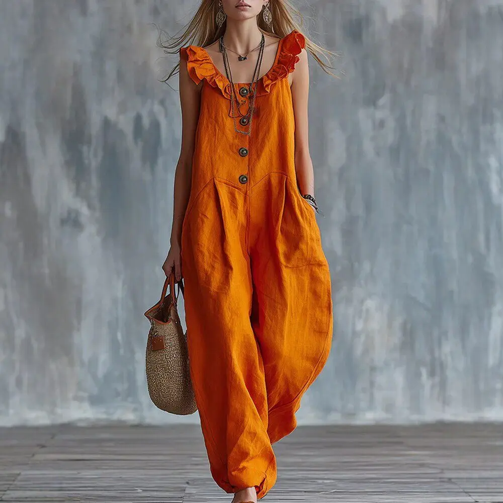 

Women Cotton Linen Pocket Jumpsuits Summer Female Sleeveless Wide Leg Loose Overalls Casual Boho Vacation Button Jumpsuit