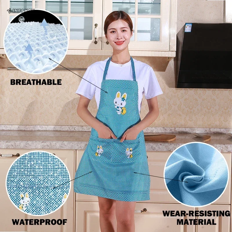 Delantal de cocina de conejo de dibujos animados para hombres y mujeres, herramientas de limpieza del hogar, rosa, blanco, impermeable, algodón,