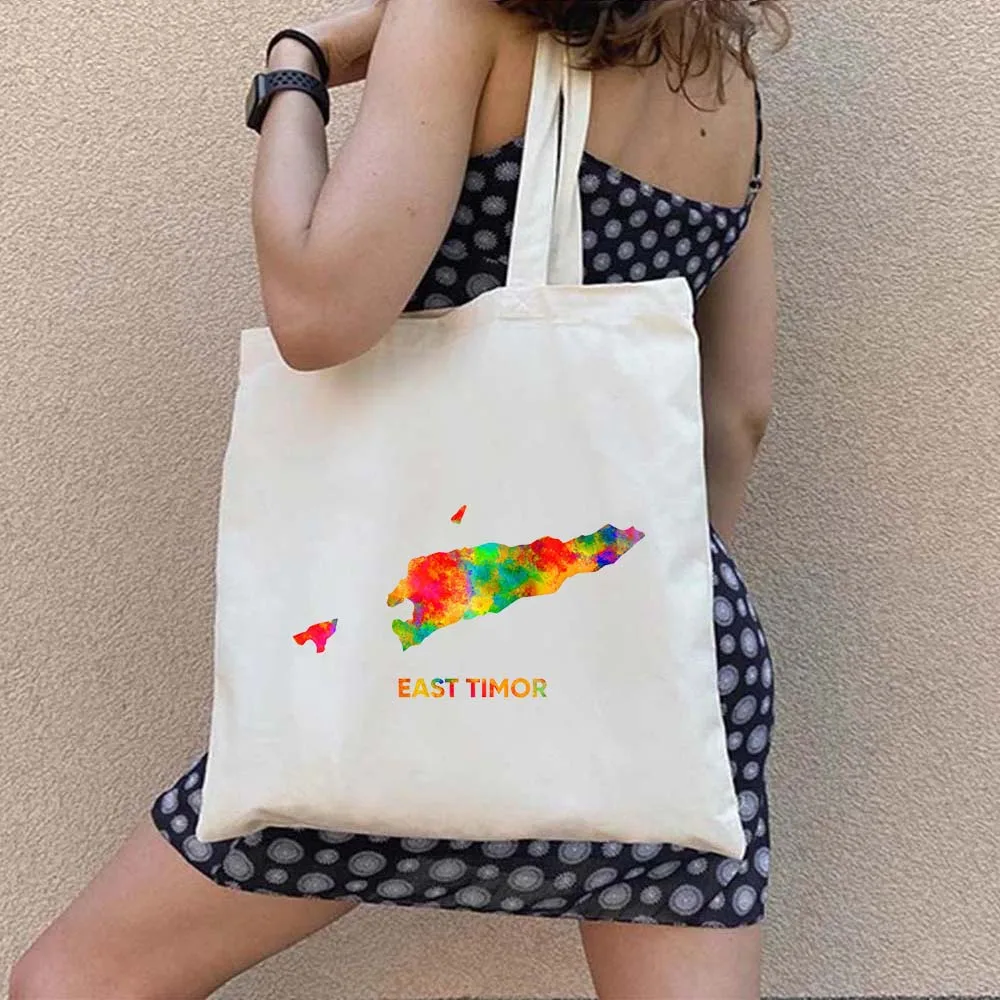 Timor leste mapa bandeira camboja vintage viagem ombro lona algodão totes saco harajuku compras praia bonito shopper bolsas