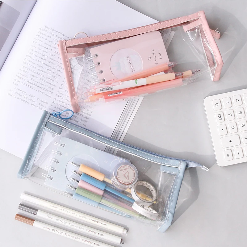Estojo transparente de grande capacidade, bolsa simples para canetas, bolsa de cosméticos kawaii, material de escritório para estudo escolar