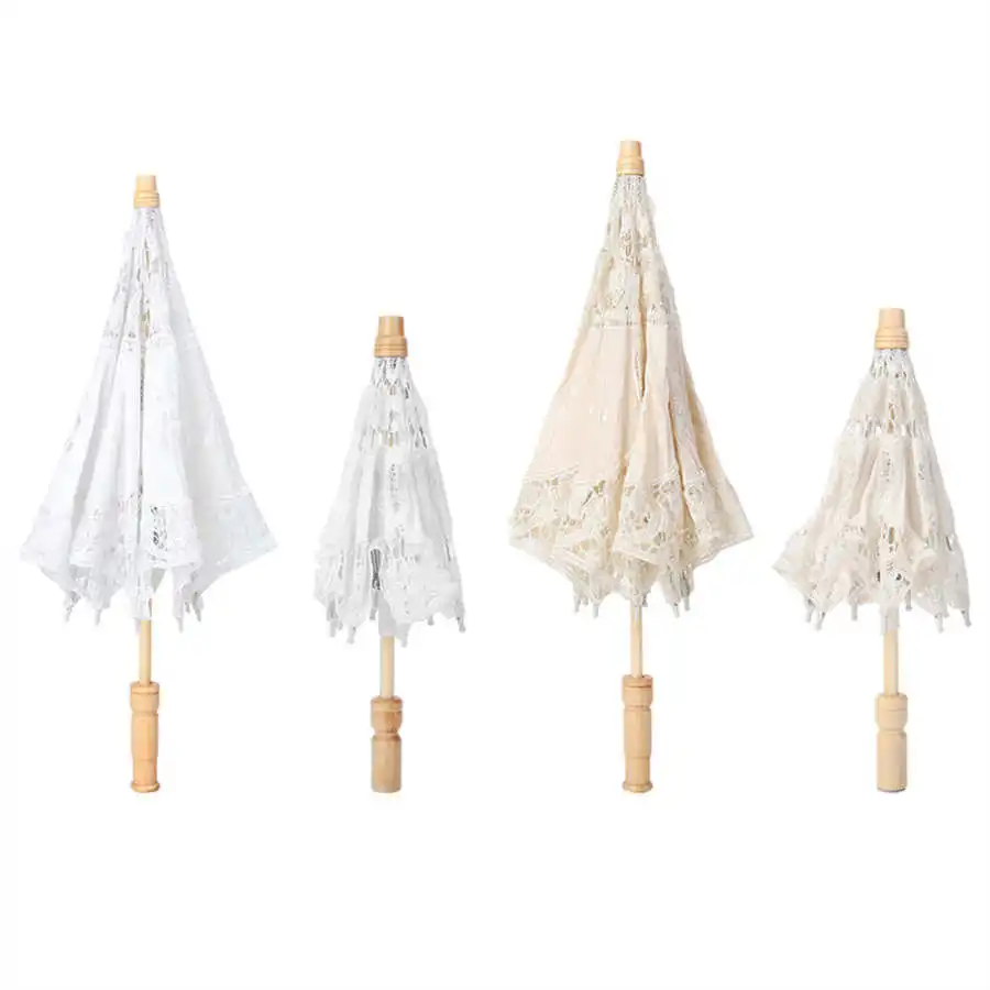 In Stock Handmade Lace Umbrella Silk Cloth Lace Flower Embroidery Parasol Wedding Bride Photography Umbrella White Beige Color