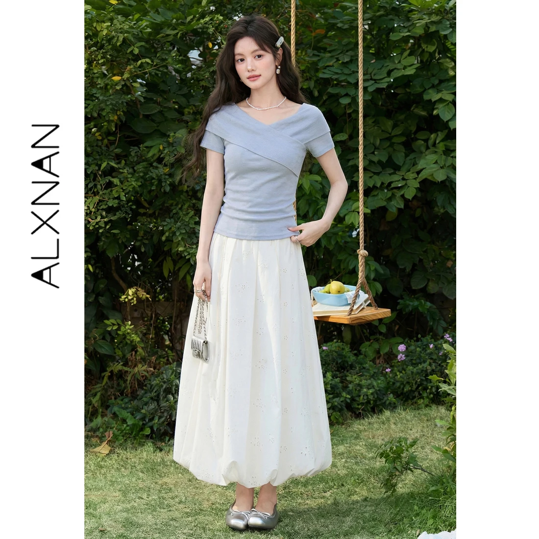 ALXNAN White Skirts High Waist Pleated Midi Skirt Women 2026 Summer Elegant Casual Fashion Female Clothing L62520