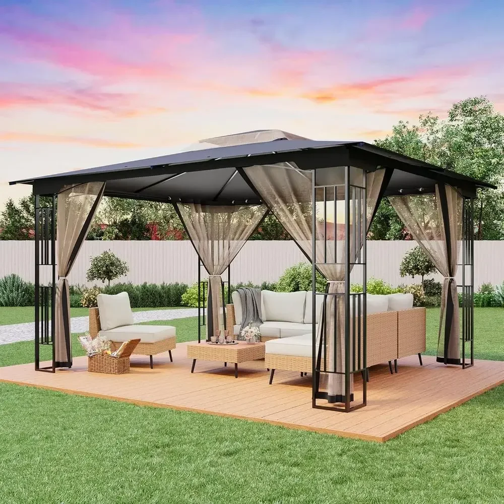 Heavy-Duty 13' x 11' Steel Outdoor Gazebo with Double-Tier Roof and Mosquito Netting for Garden Parties