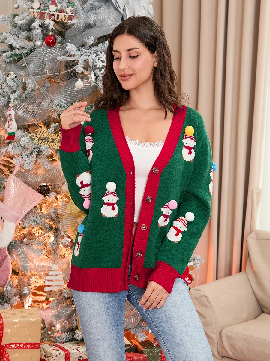 Pull à boutons de Noël pour femmes, motif bonhomme de neige décontracté, cardigans en tricot à manches longues, tricots d'automne chauds, streetwear