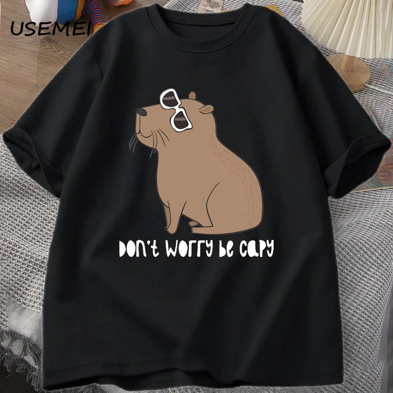 Don't Worry Be Capy Awesome Cute Capybara T-shirts Man Casual Cotton Summer T Shirt Short Sleeve Oversized T-shirt Animal Tees