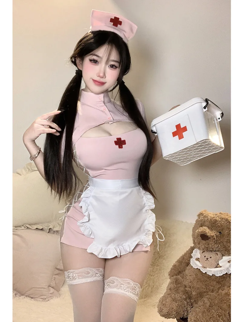 

Sexy Sweetheart Nurse, Sexy Slit, Exposed Buttocks Uniform Dress Elegant Pink Sweet Fashion Women Mini Dress Tops 2025 New YC66
