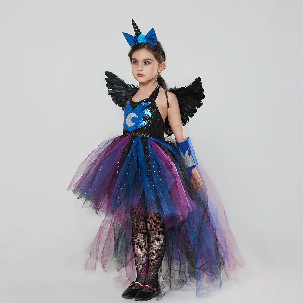 Girls Tutu Dress Princess Luna Inspired Glitter With Wing Headband For Halloween Carnival Unicorn Costume Kids Cosplay Clothing