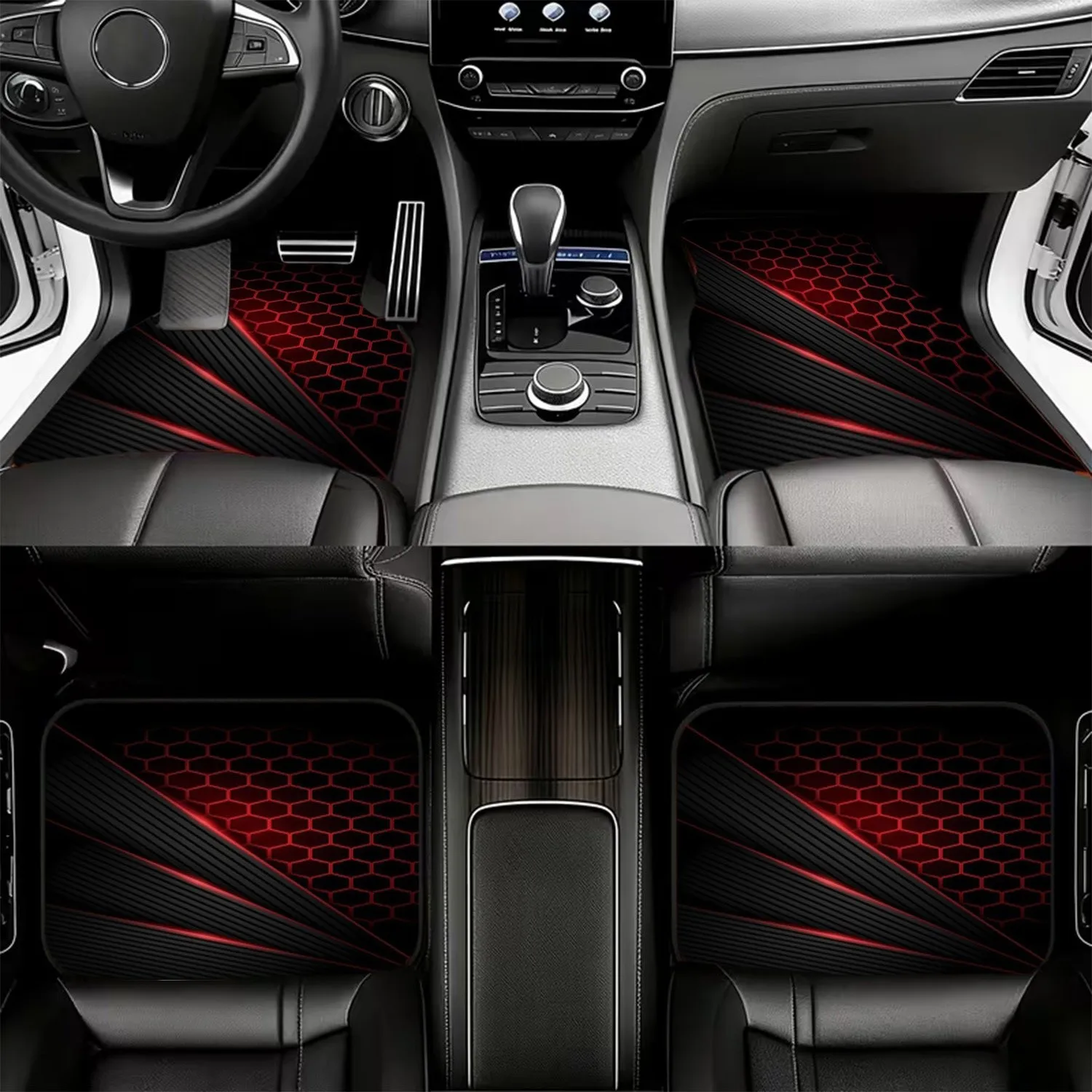 4pcs Car Floor Mats, Dark Futuristic Design, Black Background With Red Hexagonal Grid, Diagonal Black Strips With Red Outlines,