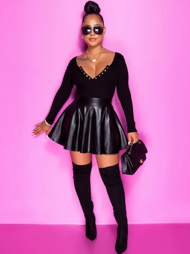 

BKLD Y2k Clothing Skirts For Woman Sexy Nightclub Outfits Solid Color PU Leather A-Line Pleated Mini Skirt Party Clubwear
