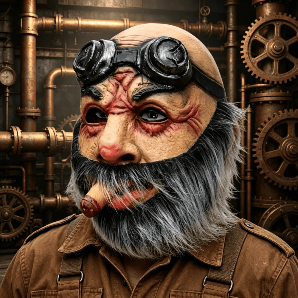 Funny Aviator Grandpa Full Face Latex Mask with Goggles  & Cigar Halloween Party Cosplay Accessory Costume Prop