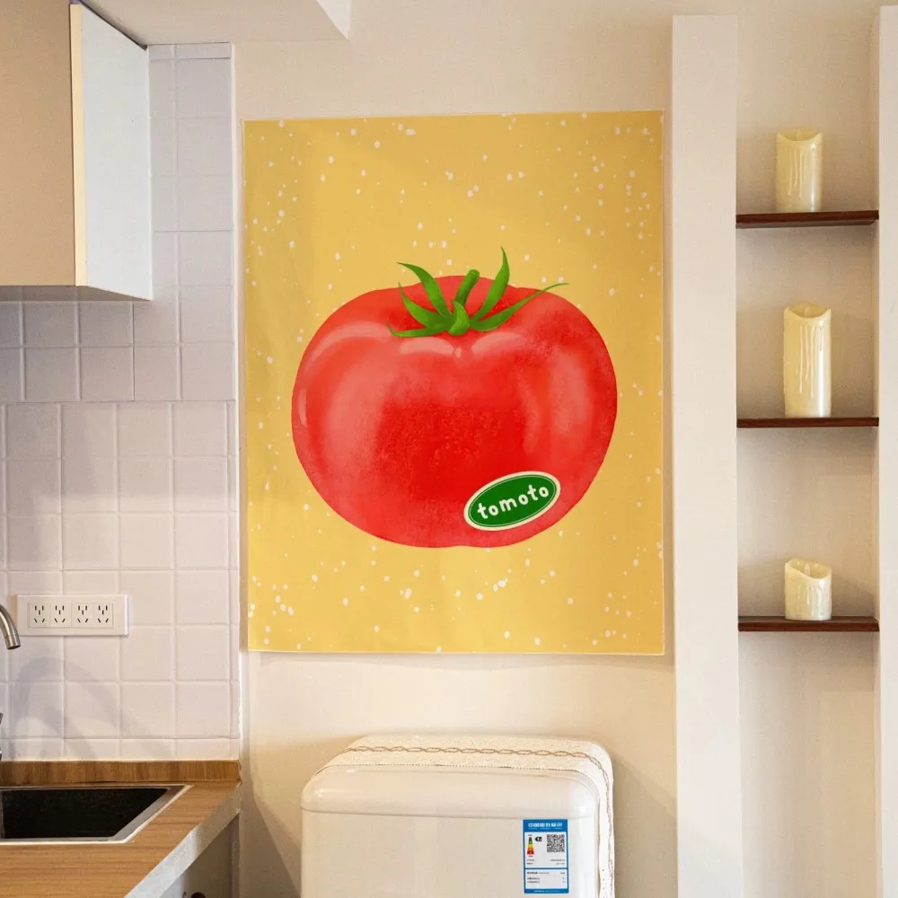 VIKAMA Vintage Tomato Tapestry Wall Hanging Aesthetic Fruit Art Canvas Yellow Red Kitchen Decor with Green Leaf for Dining Room