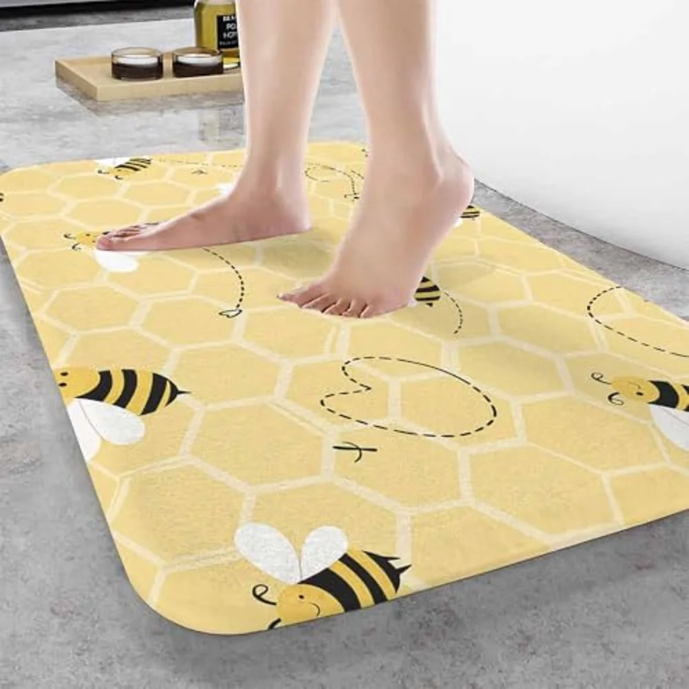 Cute Bees Bath Rugs for Bathroom Honeycombs Yellow Background Durable Flannel Bath Rug Clearance Mats for Forlaundry Room