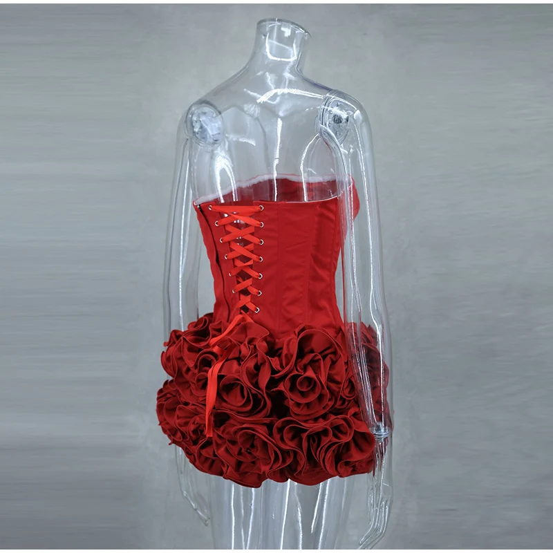 Sexy Strapless Red 3D Flowers Dress Outfits Women Bandage Backless Tube Top Mini Skirts Lady Celebrity Party Cocktail Skirt Suit