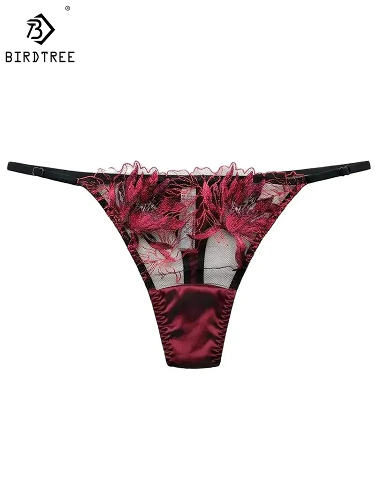 BirdTree 93%Real Silk Sexy Briefs, Women Embroidery Thong, Transparent Erotic Basic G-String, 2024 Spring Summer New P41948QM