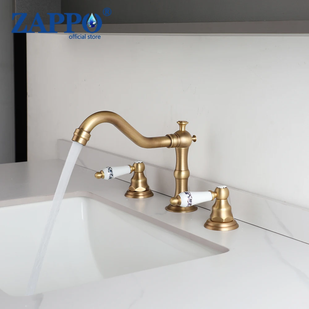 

ZAPPO Antique Brass Bathroom Faucet 3 Hole Widespread Bathroom Faucets Deck Mounted 360° Swivel Hot Cold Water Mixer Tap