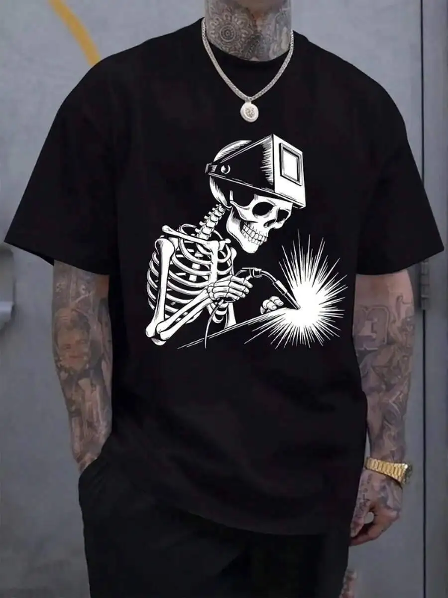 Men's Skeleton Welder Graphic Print T-Shirt - Lightweight Breathable Short Slee 100% Cotton Trendy Y2K Short-Sleeve Tee-Soft, Quick-Drying, Moisture-Wicking;  Great Gift for Christmas or Halloween