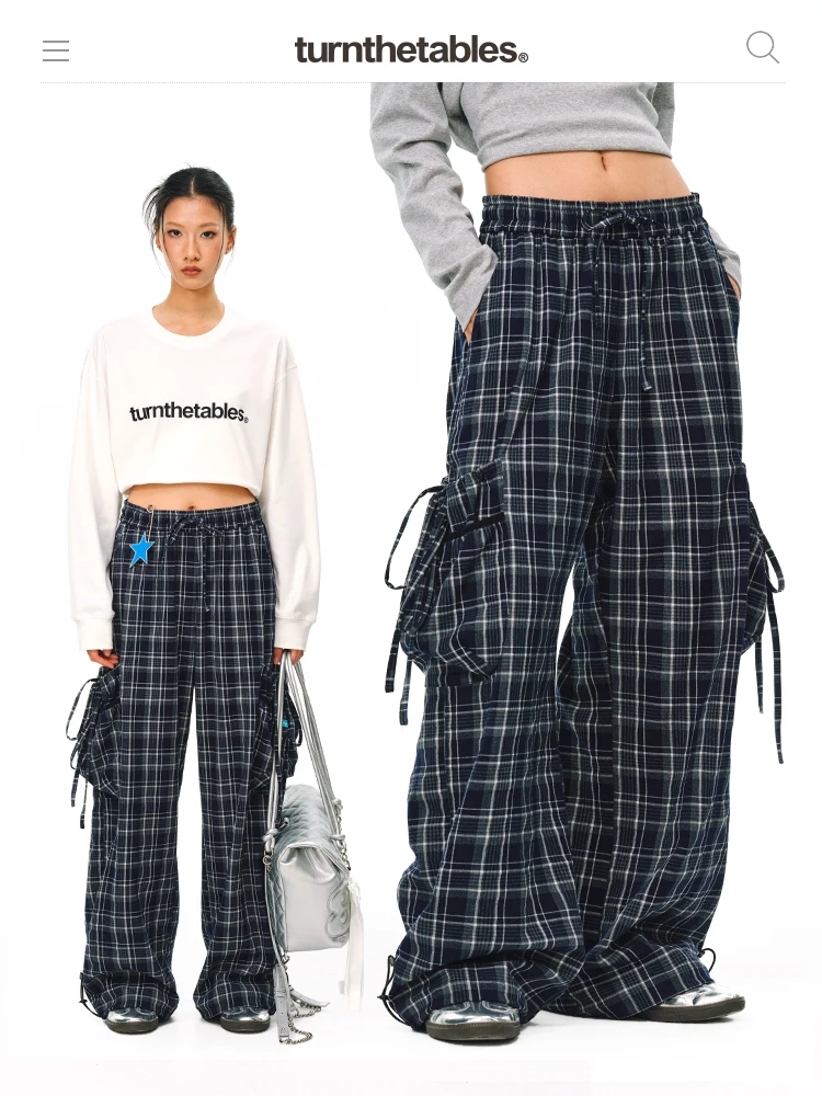 

Turnthetables Knot ket Plaid Work Pants American Cleanfit Casual Trousers Loose Fit Elastic Waist Neutral Sle ...