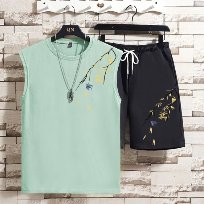 

National Trend Men Summer Chinese Style Bamboo Leaf Sleeveless Vest Top Set Outfit Trendy Brand