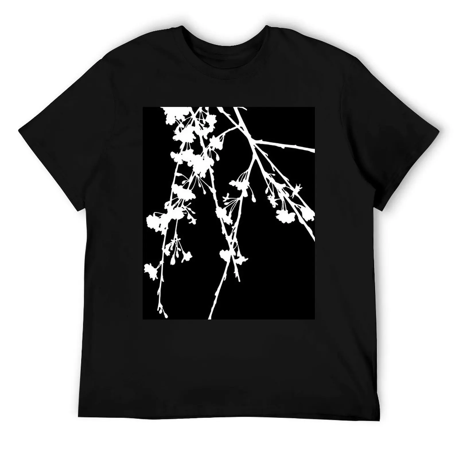 فرع شجرة الكرز البكاء ، تي شيرت أبيض وأسود اللون تي شيرت للرجل جرافيك عتيق قطن تي شيرت عالي الجودة