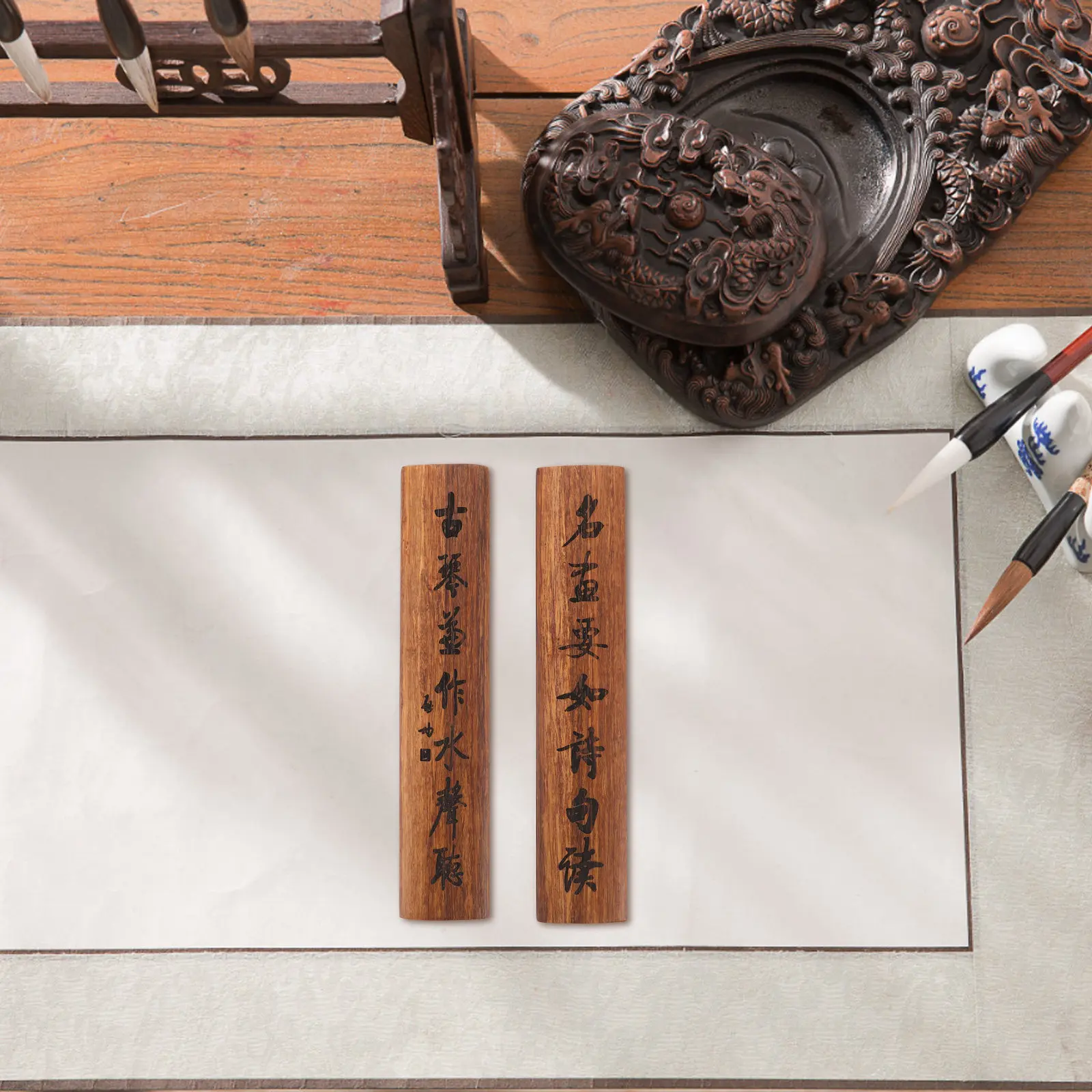 2Pcs Wood Calligraphy Paperweight Solid Natural Grain Desk Press Tool for Large Rice Paper Scrolls Brush Painting Writing