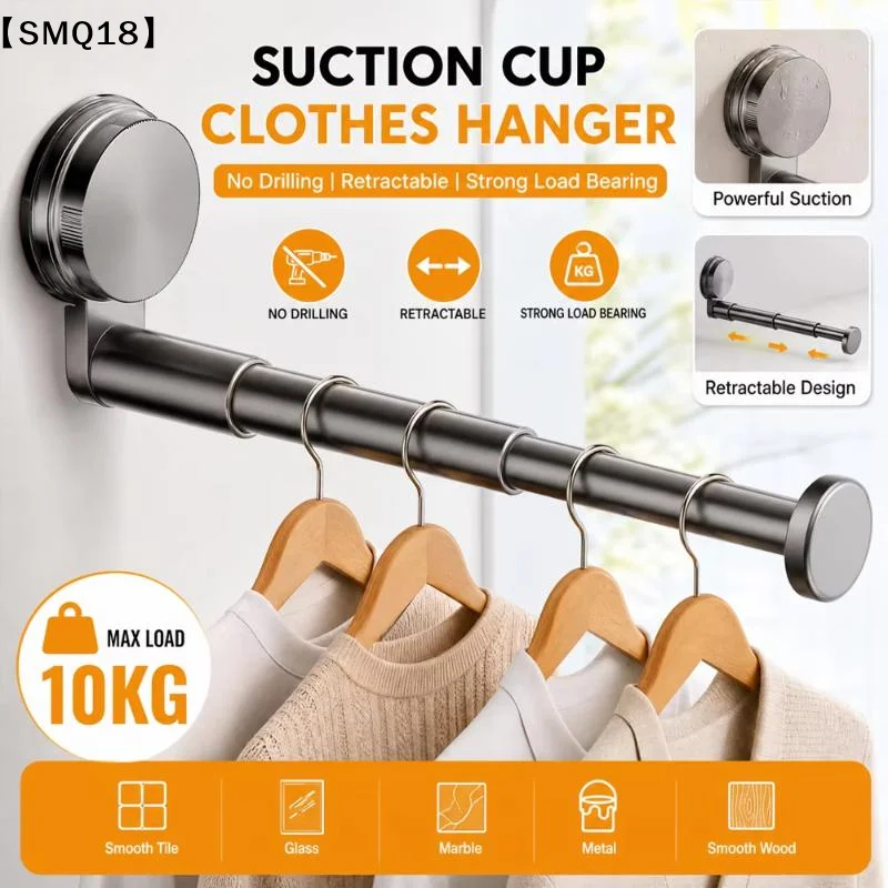 Hanger Storage Rack No-Drill Suction Cup Installation Retractable Adjustable Space Saver for Wardrobe Kitchen Laundry Room